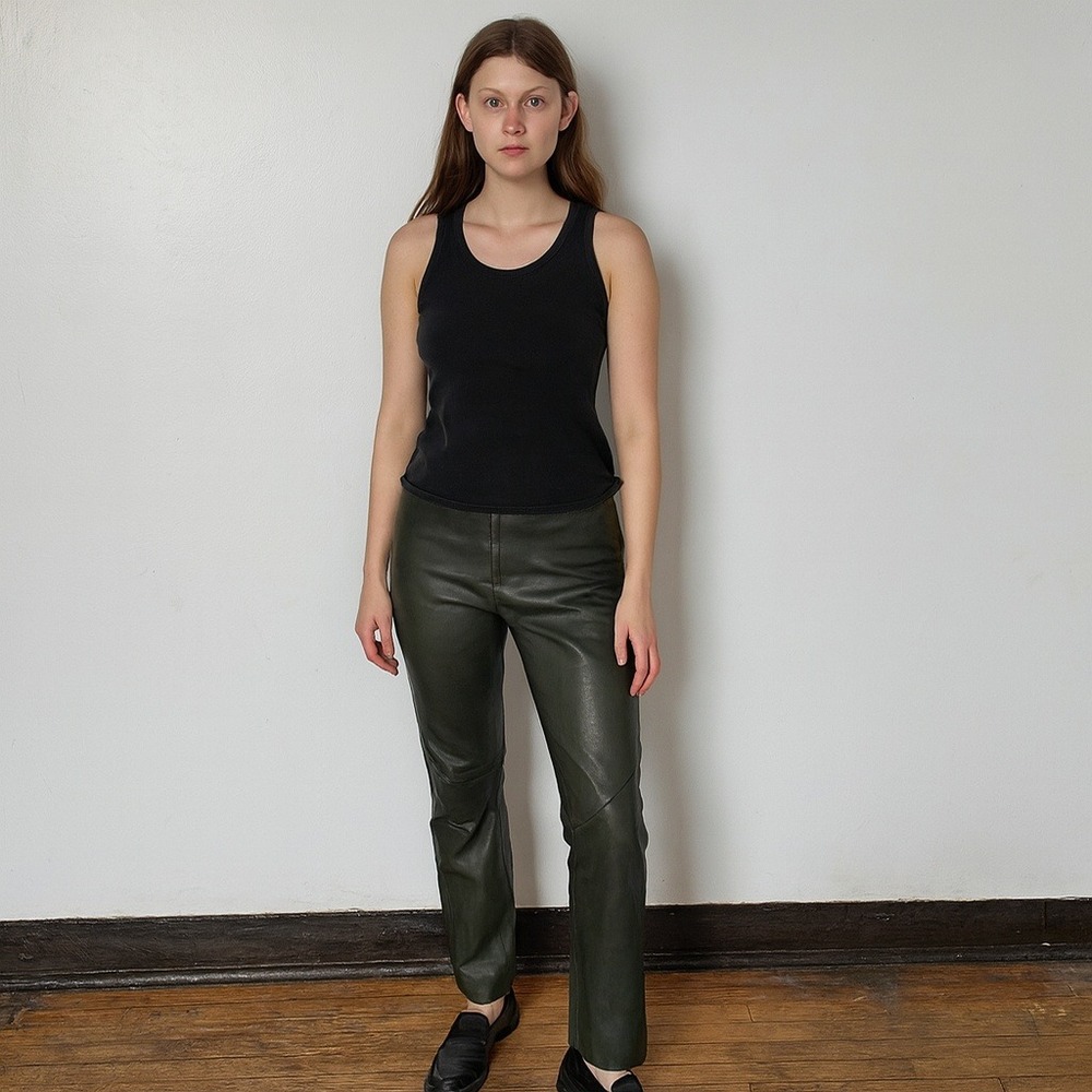 Vintage Leather Pants Womens XS Approx Dark Green Olive Straight Leg Midrise Y2K